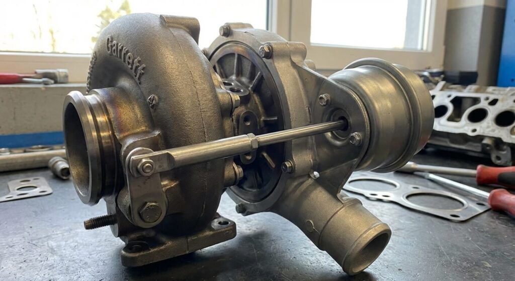 Code défaut P0299 sur Peugeot 1.6 HDi : Turbo HS ou simple fuite ? 2 Turbocompresseur Garrett de moteur 1.6 HDi montrant la tige de commande de géométrie variable