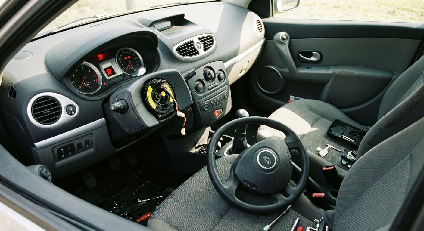 Intérieur de Renault Clio 3 avec le voyant airbag allumé au tableau de bord et le volant démonté