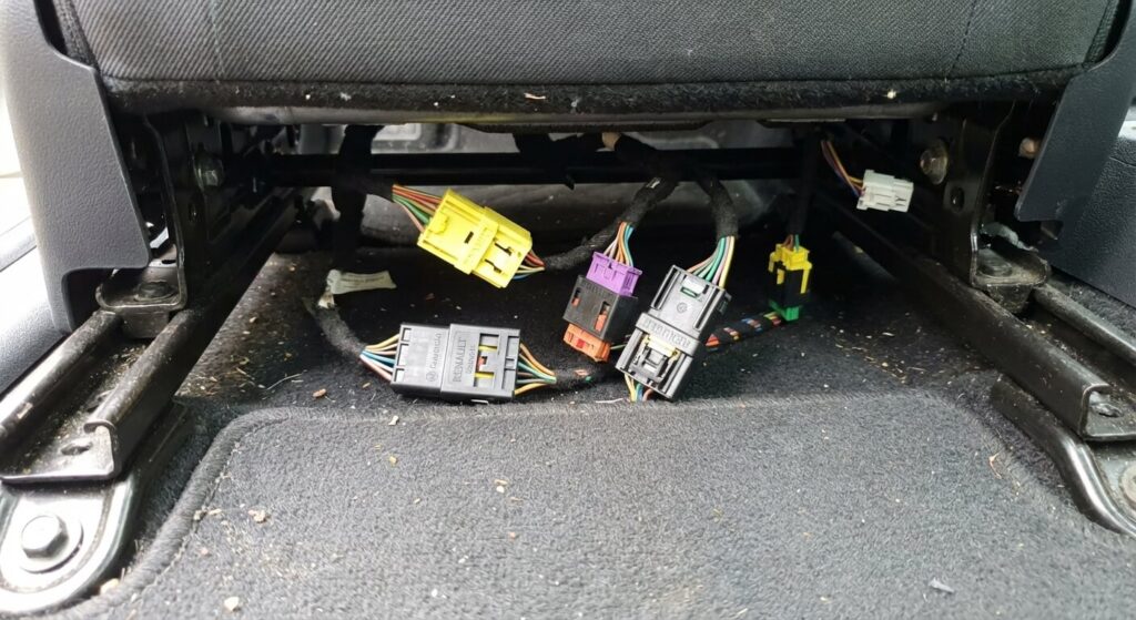 Voyant Airbag allumé sur Clio 3 : La maladie du contacteur tournant 3 connecteurs sous les sièges d'une Clio 3