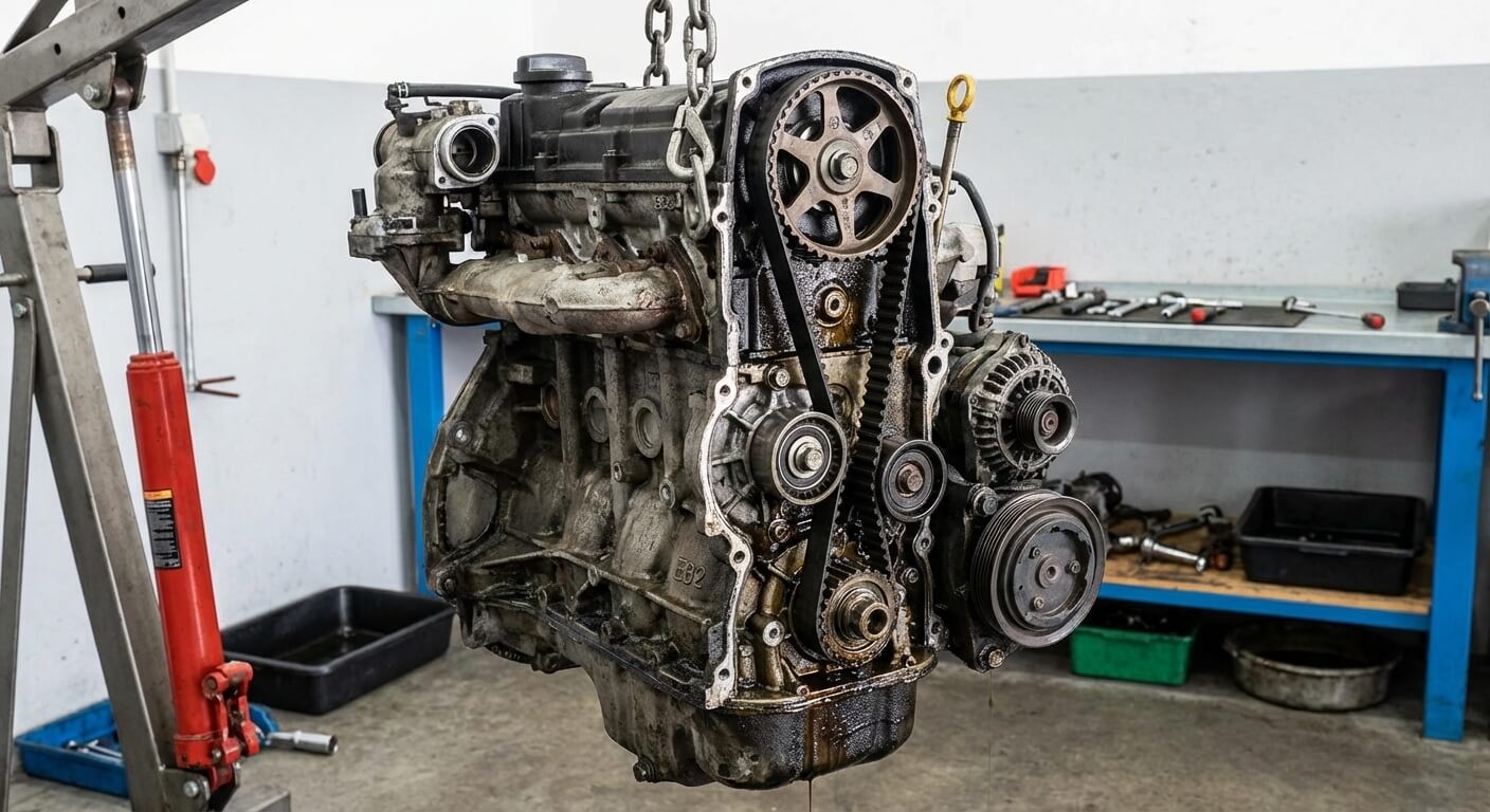 Moteur 3 cylindres PSA 1.2 VTi 82 soulevé montrant la courroie de distribution humide