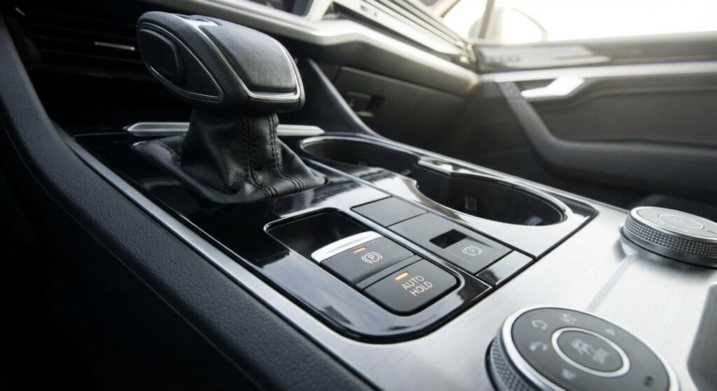 Bouton Auto Hold situé près du frein à main électrique sur la console centrale d'une Volkswagen