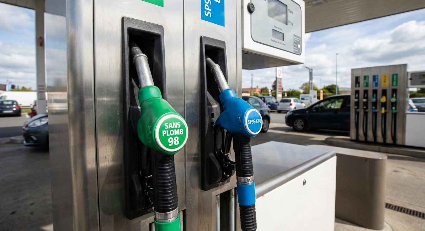 Pistolets de pompe à essence montrant les étiquettes Sans Plomb 98 et SP95-E10