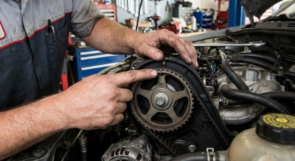 Mécanicien montrant un décalage d'une dent sur les repères de calage d'une poulie d'arbre à cames