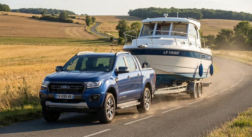 Pickup Ford Ranger tractant une remorque porte-bateau de 3,5 tonnes sur une route