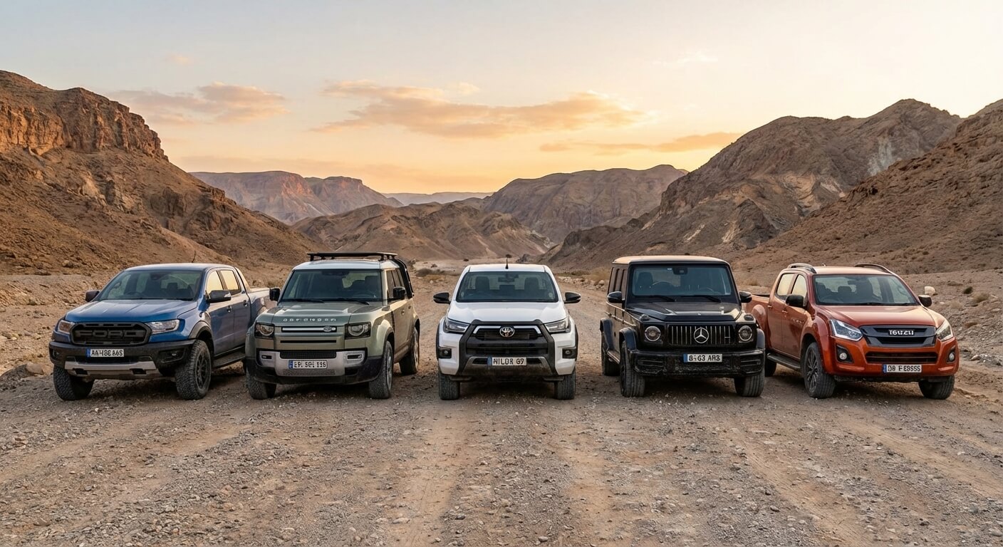 Comparatif de 5 x4x4 côtes à côtes : Ford Ranger Land Rover Defender Toyota Hilux Mercedes Classe G Isuzu D-Max