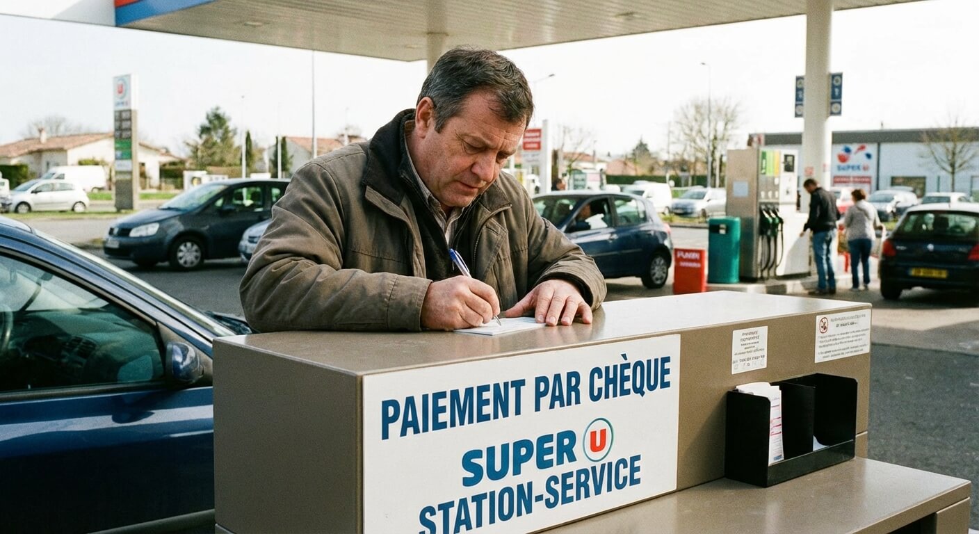 Automobiliste signant un chèque au guichet d'une station-service de supermarché