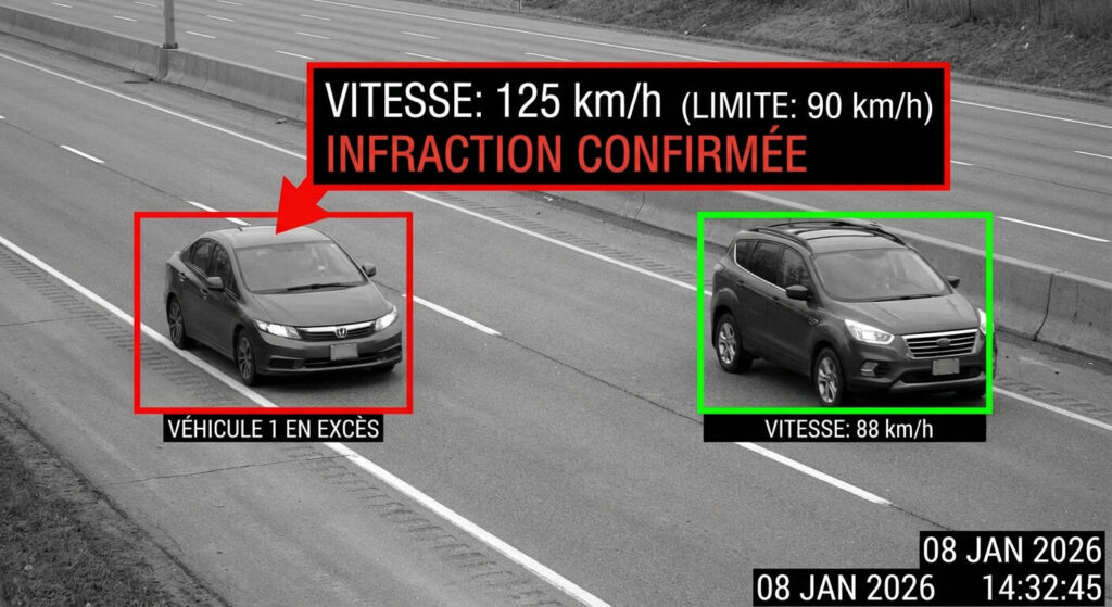 Photo radar montrant deux véhicules côte à côte avec le gabarit de mesure indiquant lequel est en excès