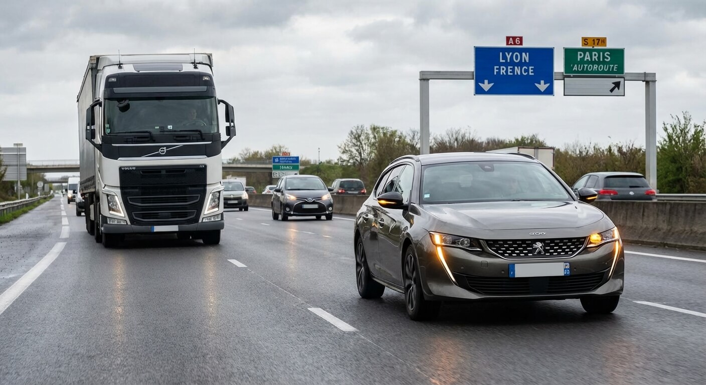 Voiture sur autoroute activant son clignotant droit pour se rabattre après avoir doublé un camion