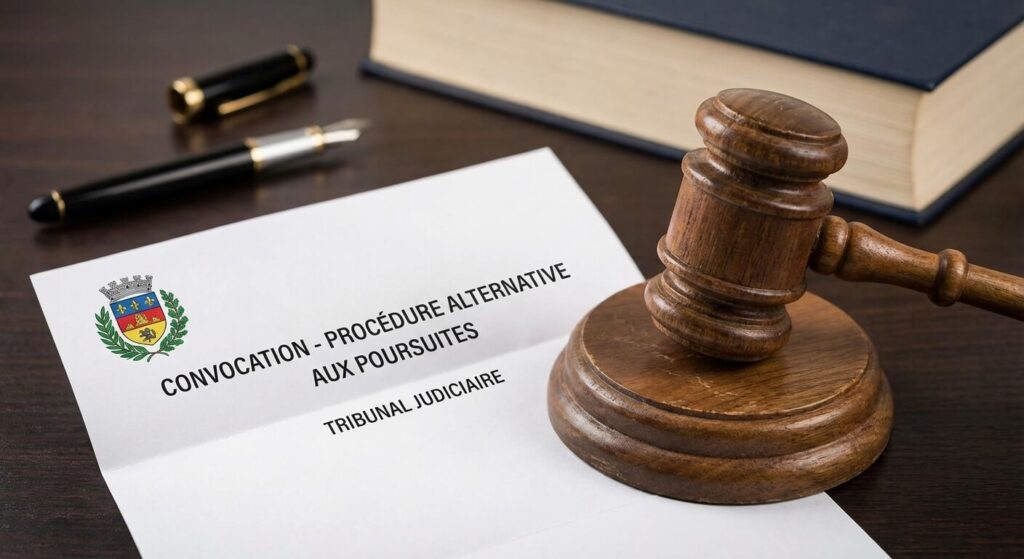 Lettre de convocation judiciaire avec un marteau de juge, illustrant la procédure alternative aux poursuites