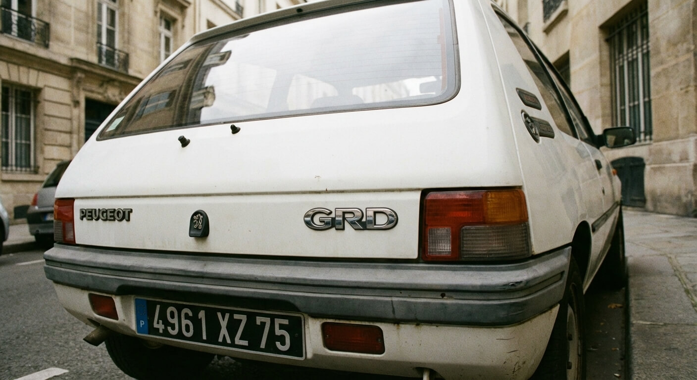 Logo GRD chromé sur le hayon d'une Peugeot 205 blanche des années 90
