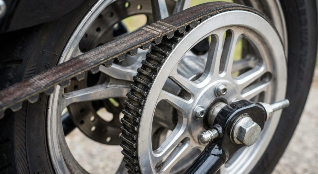 Gros plan sur la courroie de transmission crantée et la poulie arrière d'une moto cruiser