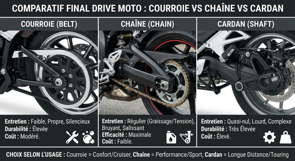 comparatif sur moto : Courroie vs Chaîne vs Cardan