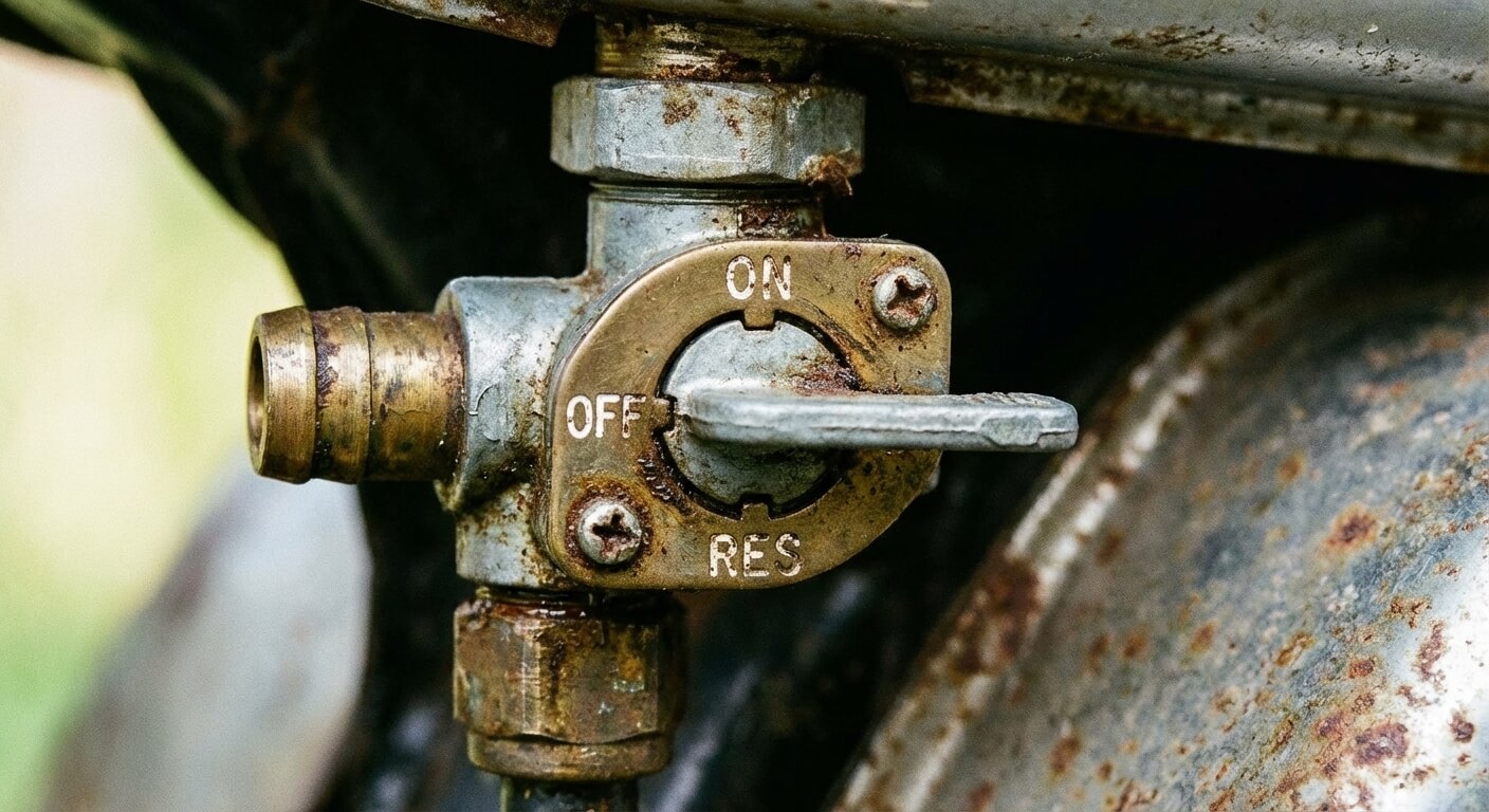 Gros plan sur un robinet d'essence de moto vintage avec les positions ON, OFF et RES visibles