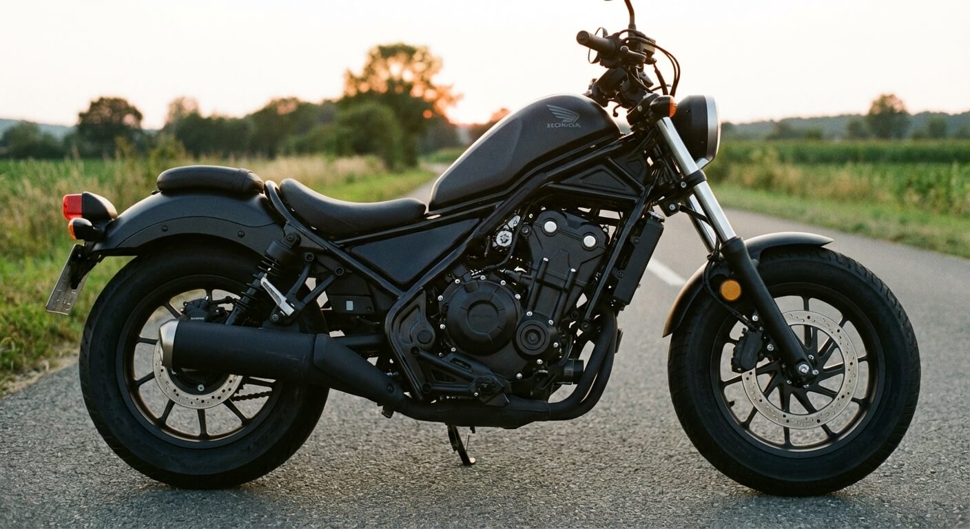 Moto Honda CMX 300 Rebel noire de profil, mettant en valeur son cadre tubulaire et son moteur monocylindre compact