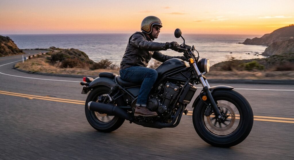 Honda Rebel 300 (CMX300) : Le petit Bobber qui a tout d'un grand 3 motard qui roule avec une Honda Rebel 300 (CMX300)