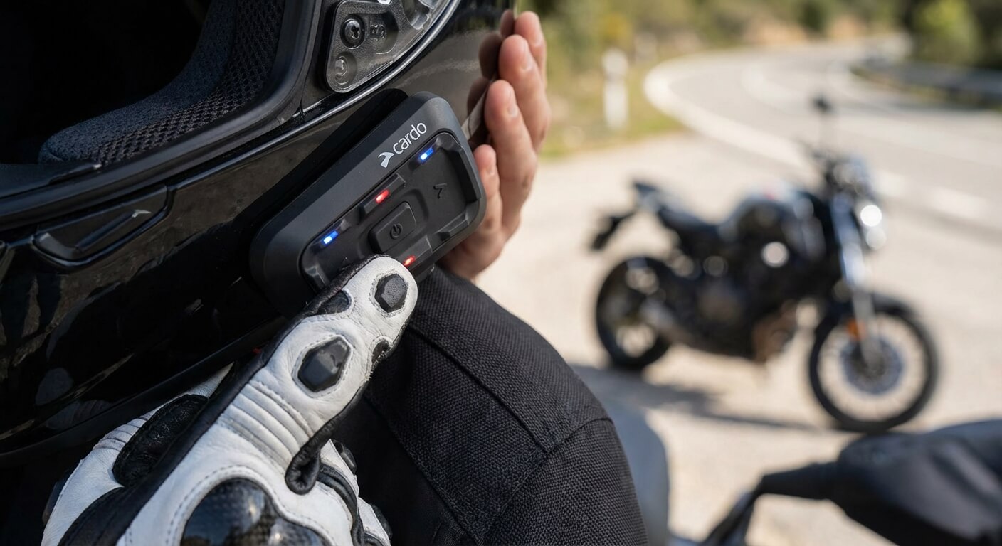 Motard appuyant sur les boutons d'un module Cardo Spirit fixé sur un casque pour lancer l'appairage Bluetooth