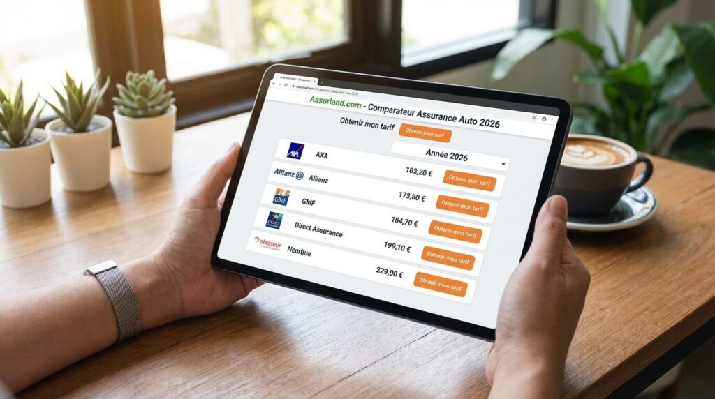 Comparateur d'assurance Assurland.com auto en ligne sur tablette pour trouver le meilleur tarif en 2026.
