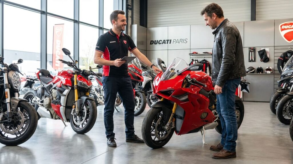 Quels métiers, quelles formations et quels débouchés pour travailler dans le monde de la moto ? 3 Conseiller commercial en concession moto présentant un nouveau modèle à un client dans un showroom.