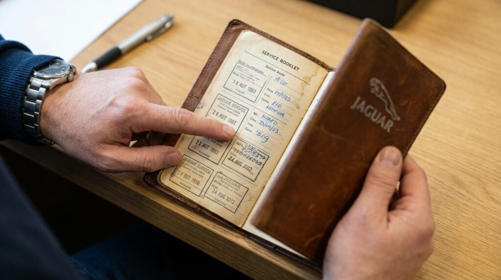 Un plan rapproché sur des mains tenant un carnet d'entretien Jaguar ouvert avec des tampons visibles, ou un acheteur potentiel examinant des factures d'entretien avec un air satisfait.
