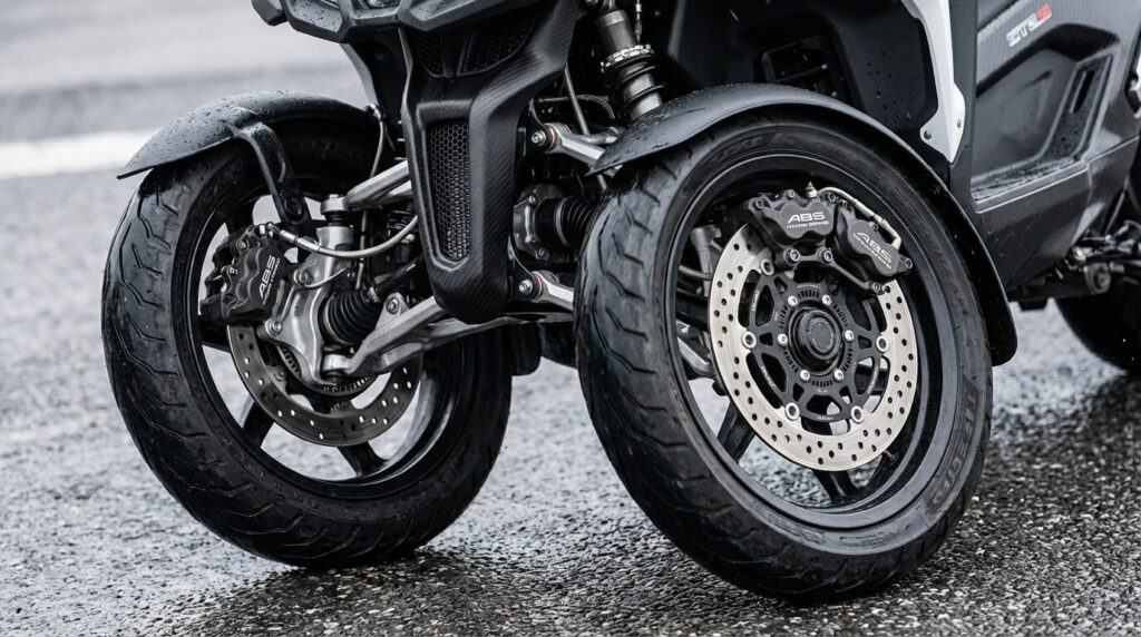 Zoom sur le train avant d'un scooter 3 roues illustrant la stabilité et la technologie de freinage.