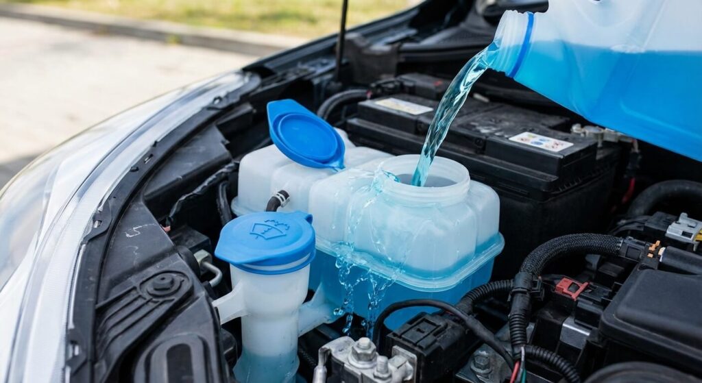Lave-glace obligatoire en 2026 : ce que dit la loi et comment bien choisir son liquide 2 Gros plan sur le remplissage du réservoir de liquide lave-glace bleu sous le capot d'une voiture moderne