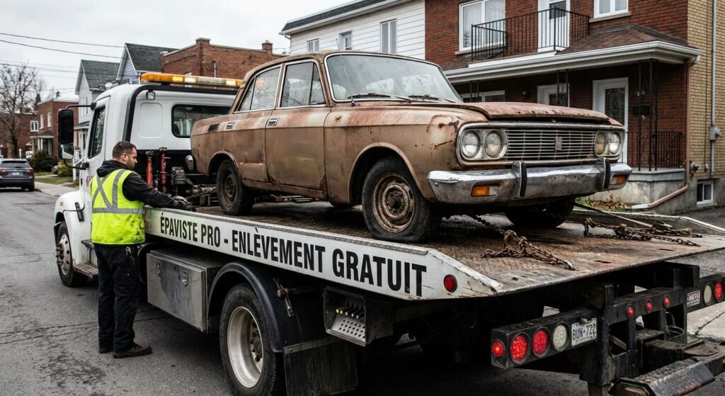 Enlèvement d'un véhicule hors d'usage par un épaviste professionnel avec une dépanneuse