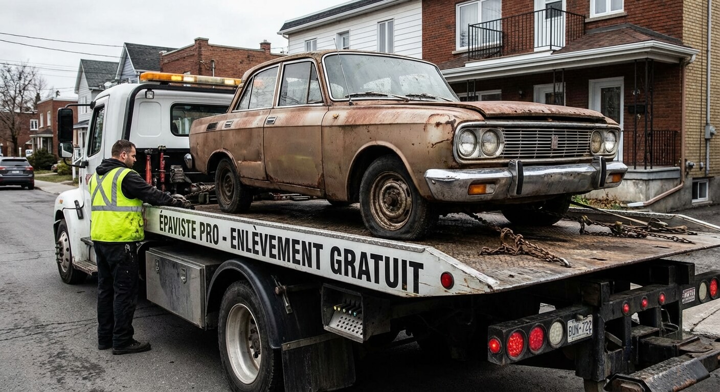 Enlèvement d'un véhicule hors d'usage par un épaviste professionnel avec une dépanneuse