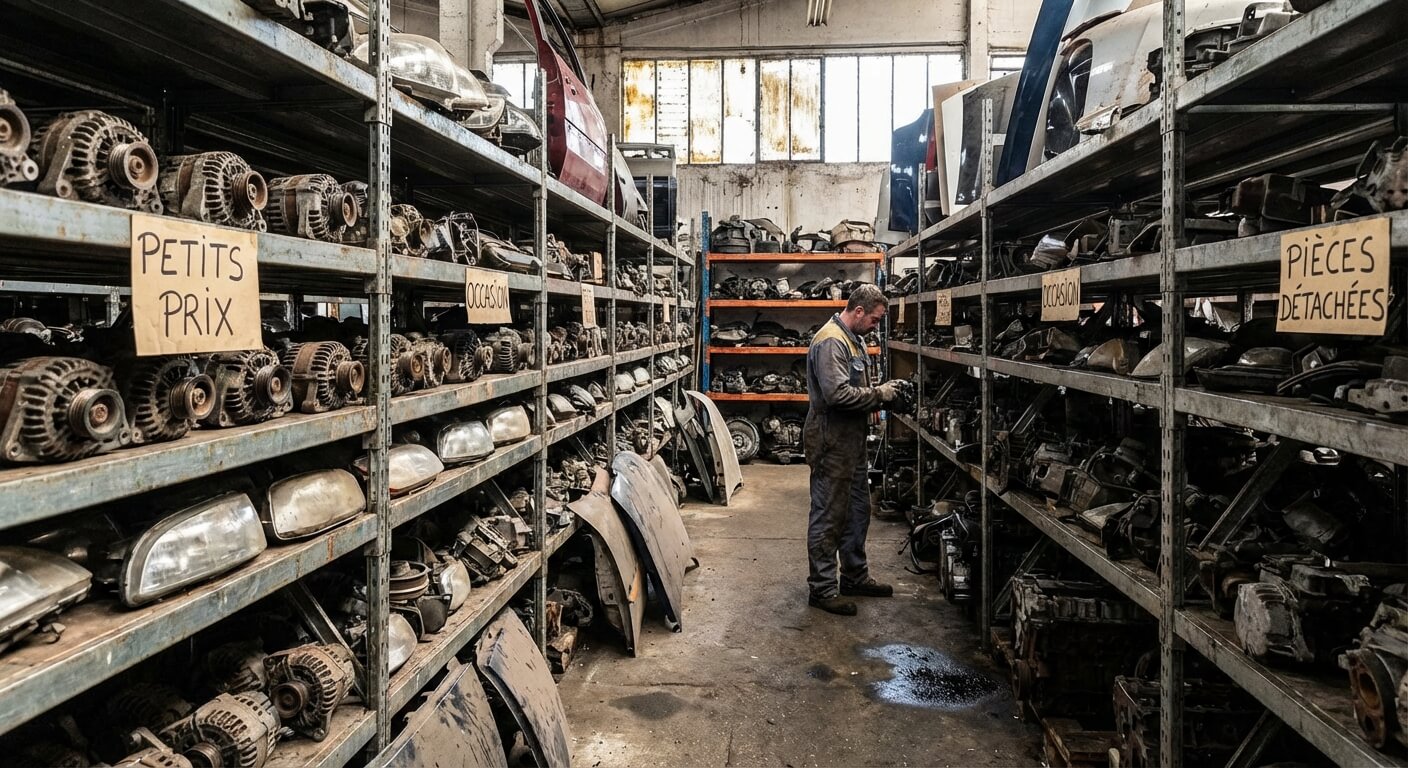 Rayonnage de pièces auto d'occasion dans une casse automobile pour un achat à petit prix