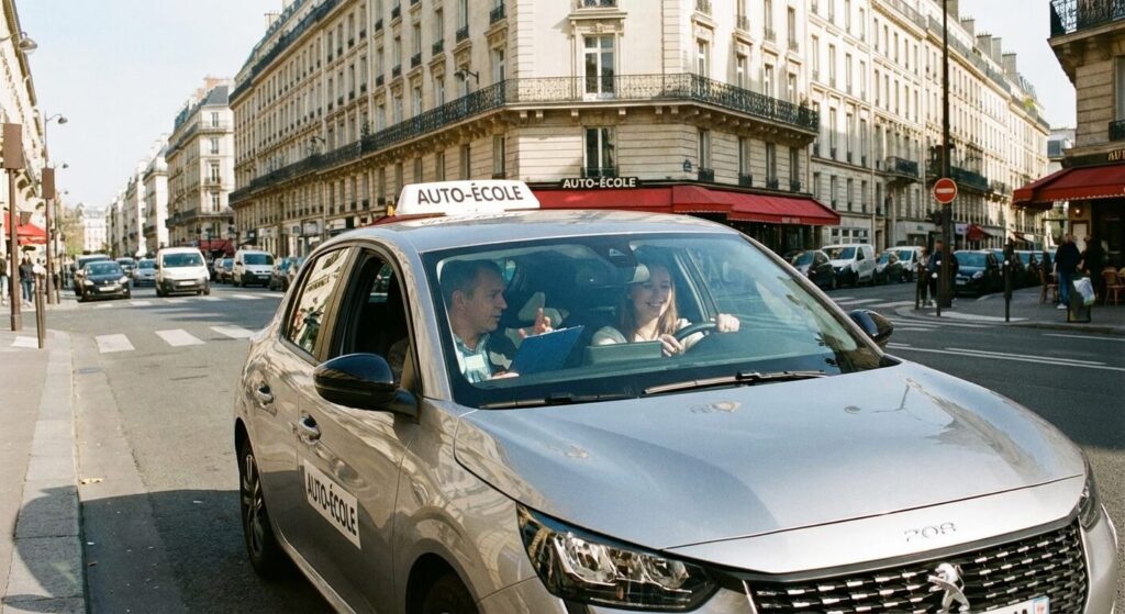 Une élève au volant d'une voiture d'auto-école écoutant les conseils de son moniteur durant une leçon en ville.