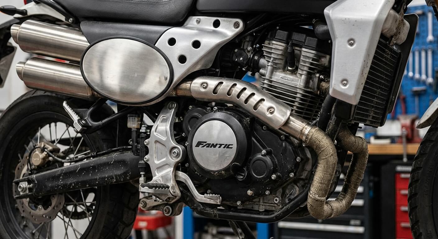 Gros plan sur le moteur monocylindre de 449 cc de la Fantic Caballero 500 et sa ligne d'échappement latérale caractéristique