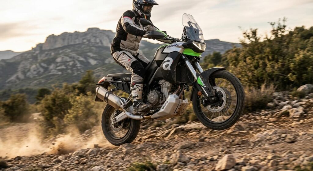 Le trail Aprilia Tuareg 660 en action sur une piste tout-terrain rocailleuse, mettant à l'épreuve ses suspensions et son bicylindre parallèle