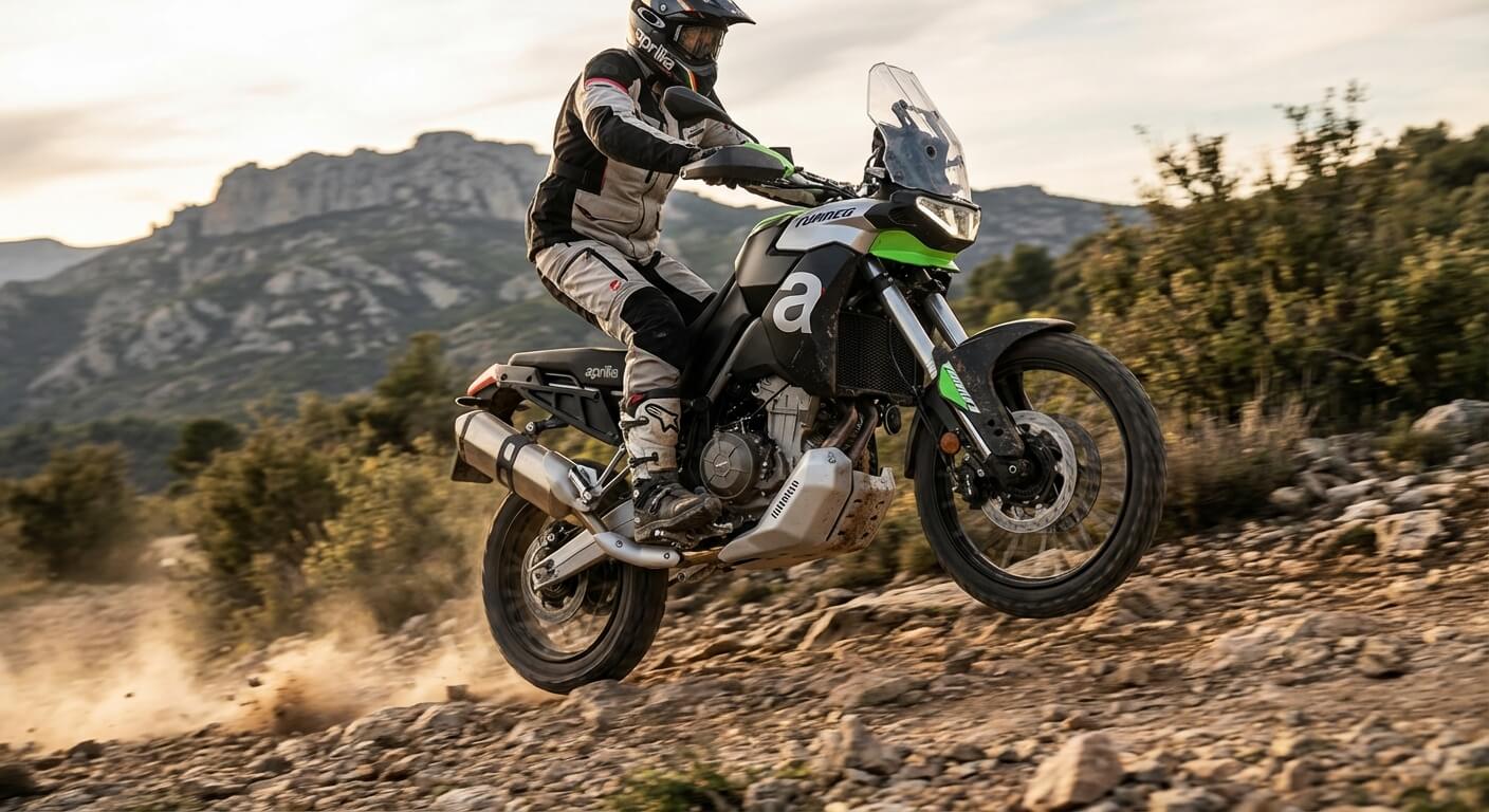 Le trail Aprilia Tuareg 660 en action sur une piste tout-terrain rocailleuse, mettant à l'épreuve ses suspensions et son bicylindre parallèle