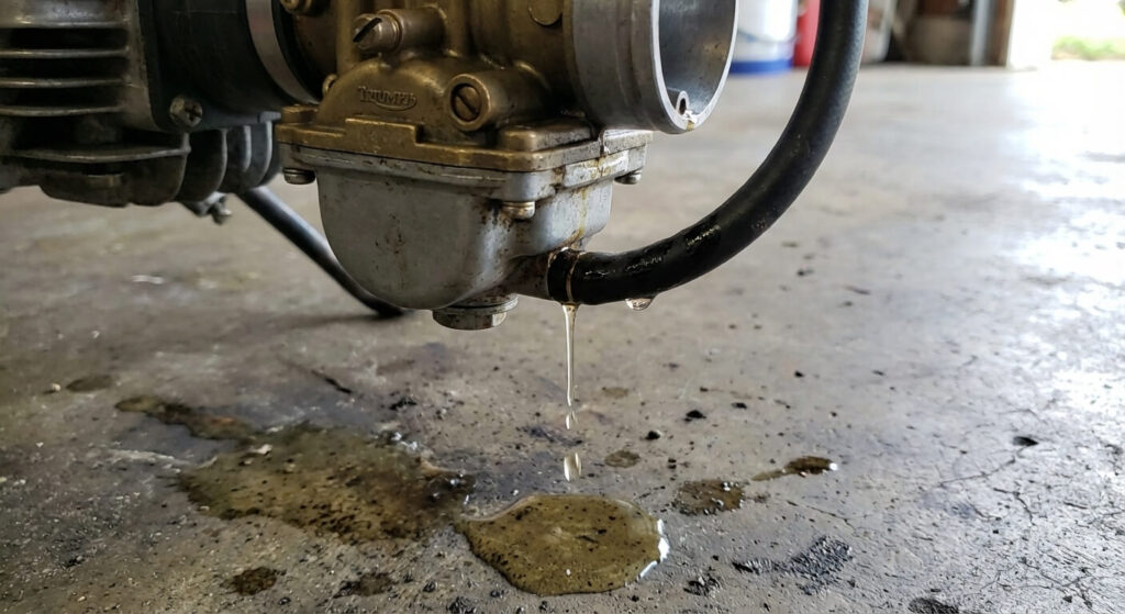 Essence s'écoulant en goutte-à-goutte par la durite de trop-plein d'un carburateur de moto, symptôme d'un niveau de cuve anormalement élevé