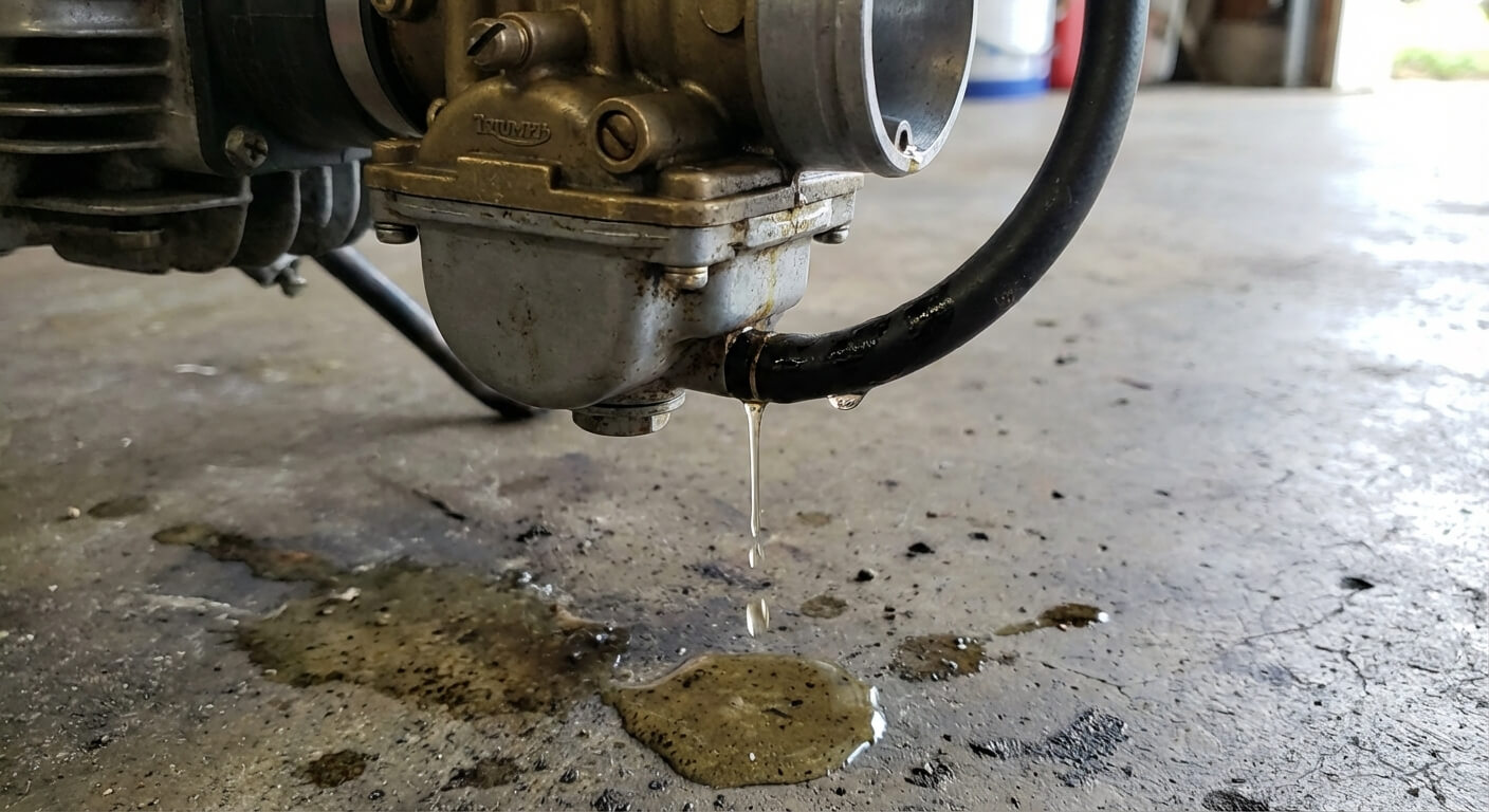 Essence s'écoulant en goutte-à-goutte par la durite de trop-plein d'un carburateur de moto, symptôme d'un niveau de cuve anormalement élevé