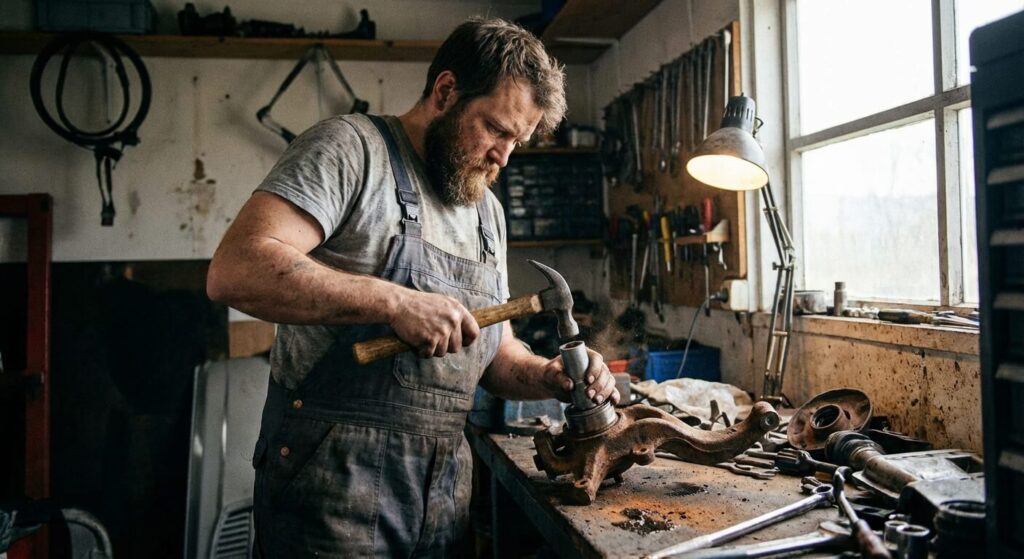 Changer un roulement de roue sans presse : Méthodes et Astuces de mécanicien 2 Mécanicien amateur extrayant un roulement de roue usagé du porte-fusée à l'aide d'une massette et d'une douille sacrificielle