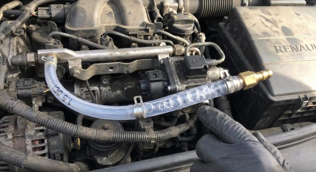 Durite d'alimentation en carburant transparente sur un moteur 1.5 dCi montrant une accumulation anormale de bulles d'air avant la pompe haute pression