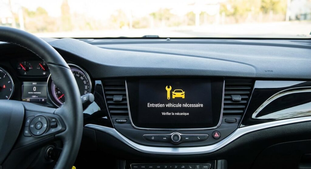 Affichage du message d'alerte "Entretien véhicule nécessaire" sur l'écran central du tableau de bord d'une Opel Astra, incitant le conducteur à vérifier la mécanique