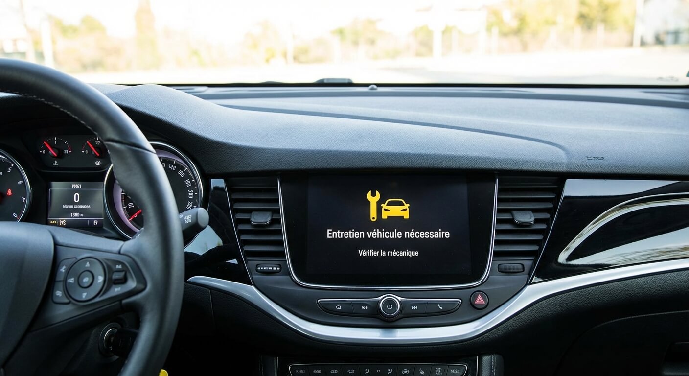 Affichage du message d'alerte "Entretien véhicule nécessaire" sur l'écran central du tableau de bord d'une Opel Astra, incitant le conducteur à vérifier la mécanique