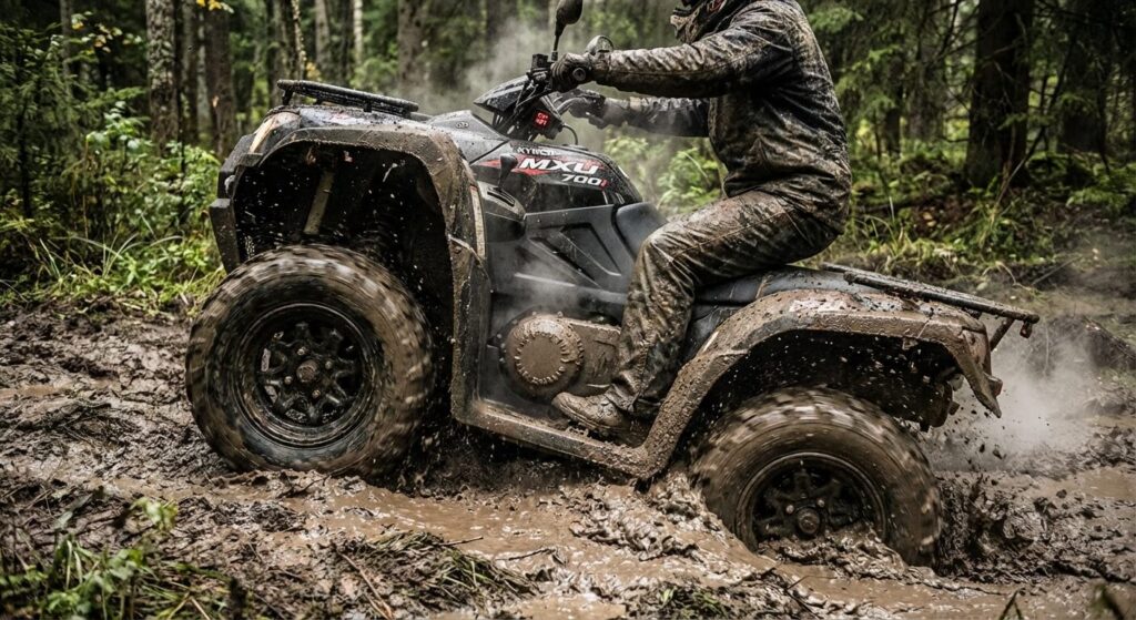 Quad utilitaire Kymco MXU 700i en plein franchissement de bourbier, des conditions extrêmes qui mettent la transmission à courroie sous forte contrainte