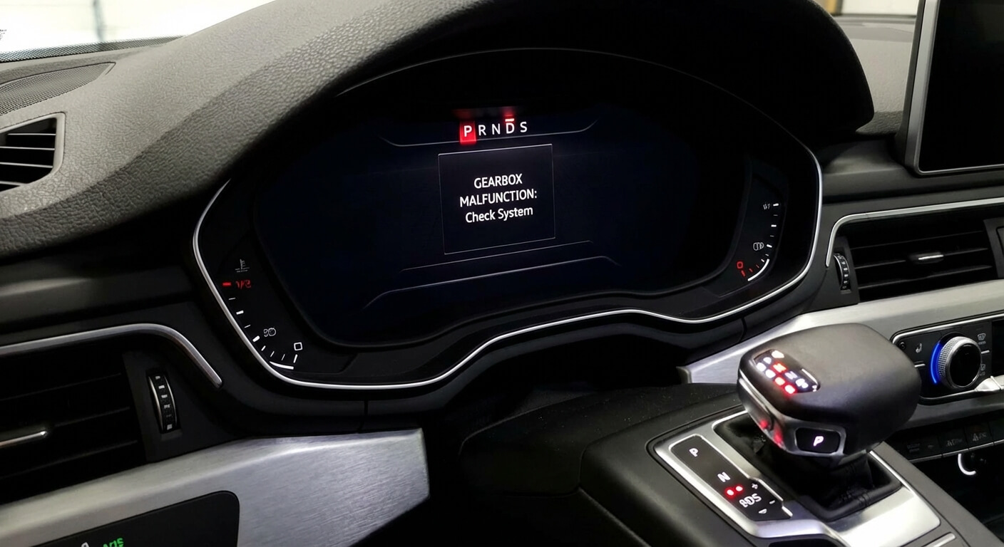 Affichage des lettres PRNDS clignotantes sur le tableau de bord d'une Audi A4, un symptôme électronique majeur de défaillance du calculateur de la boîte Multitronic