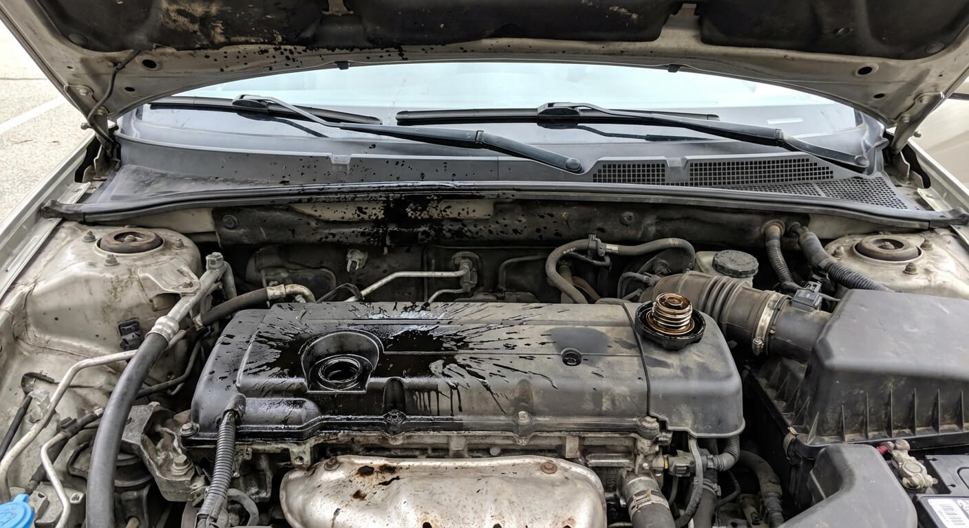 Vastes éclaboussures d'huile noire sous le capot d'une voiture, illustrant les projections causées par un bouchon de remplissage oublié