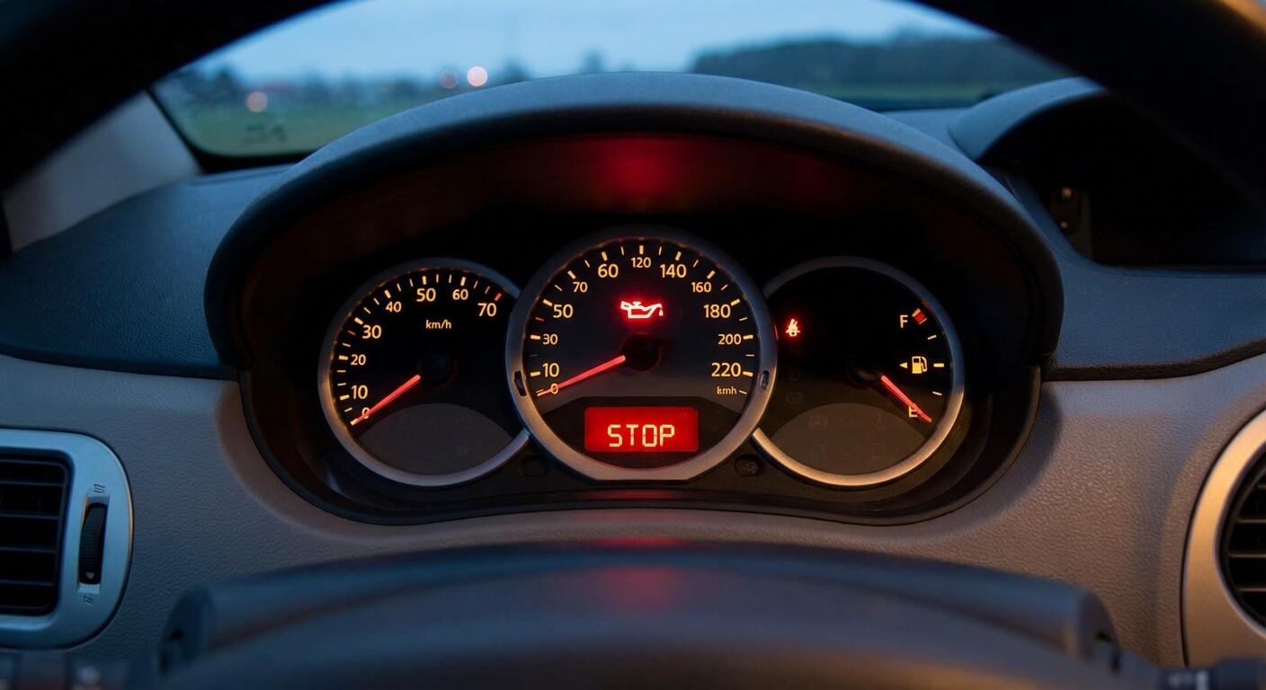 Voyant rouge en forme de burette d'huile allumé sur le tableau de bord d'une Renault Modus, accompagné du message STOP imposant l'arrêt immédiat