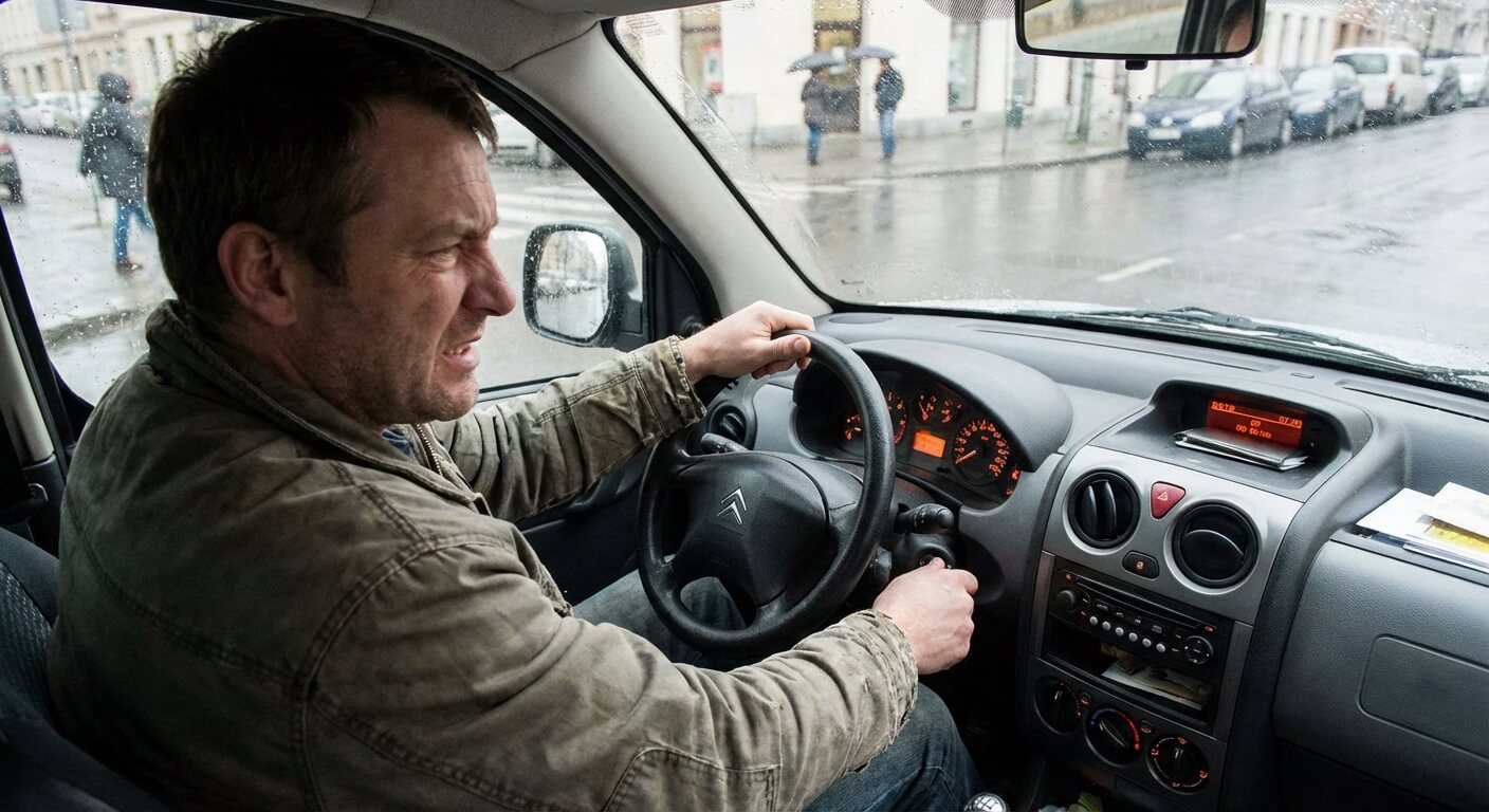 Conducteur au volant d'un Citroën Berlingo essayant vainement de démarrer, illustrant une panne d'alimentation ou de capteur malgré un démarreur fonctionnel