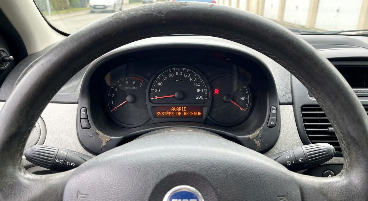 Le voyant rouge d'alerte airbag allumé sur le tableau de bord d'une Fiat Punto, accompagné du message textuel signalant une avarie du système de retenue