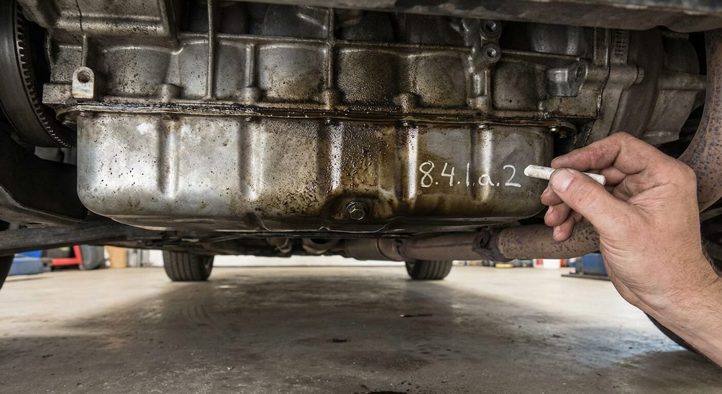 Vue de dessous d'un carter moteur présentant un léger suintement d'huile sans formation de goutte, un cas typique sanctionné par le code 8.4.1.a.2 au contrôle technique