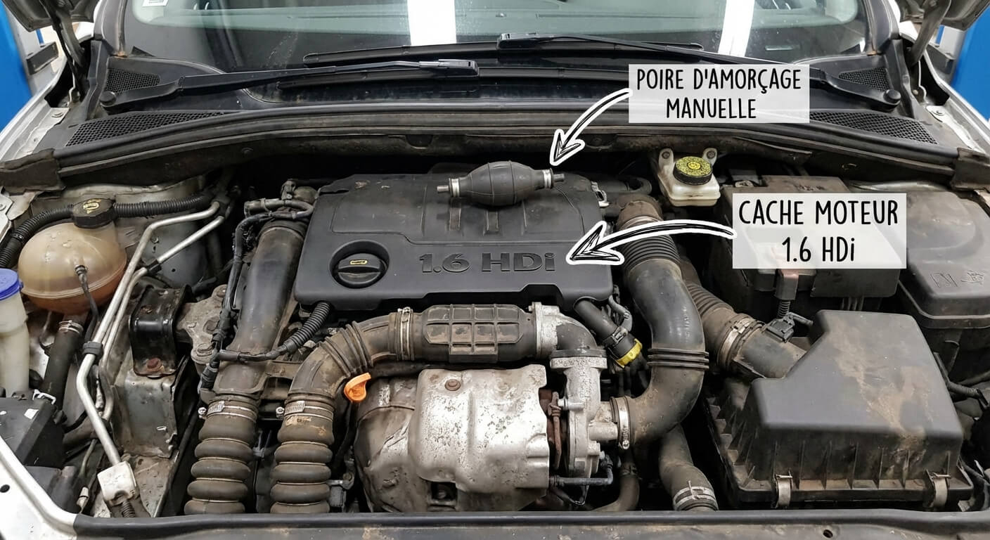 Localisation de la poire d'amorçage manuelle en caoutchouc sur le dessus du cache moteur d'un bloc 1.6 HDi Peugeot Citroën