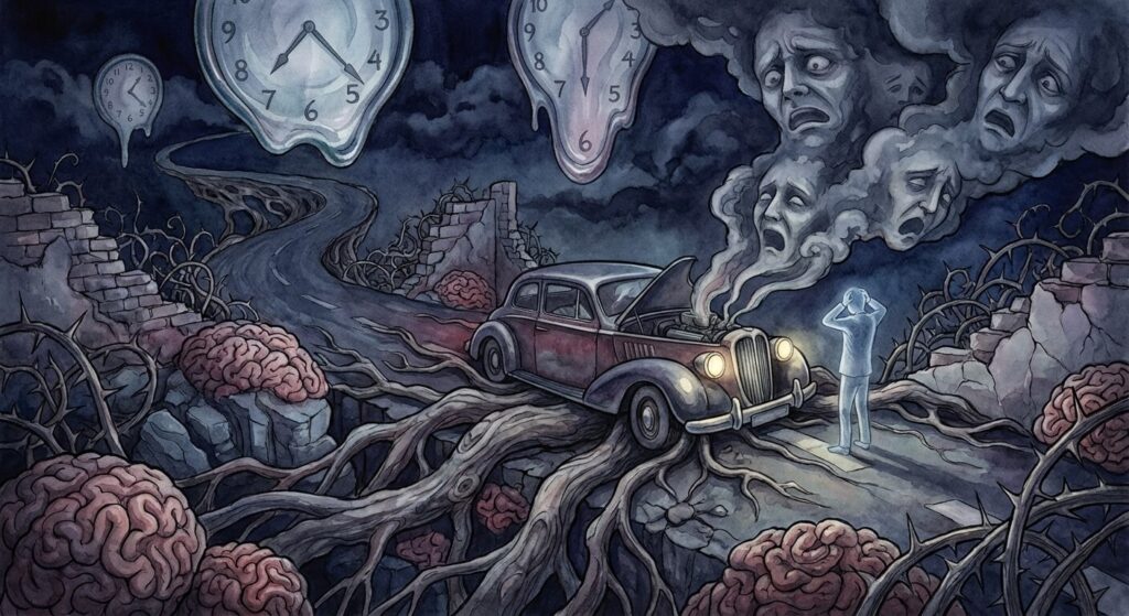 Illustration onirique d'une voiture en panne sur une route sombre, symbolisant les obstacles psychologiques et la perte de contrôle dans les rêves