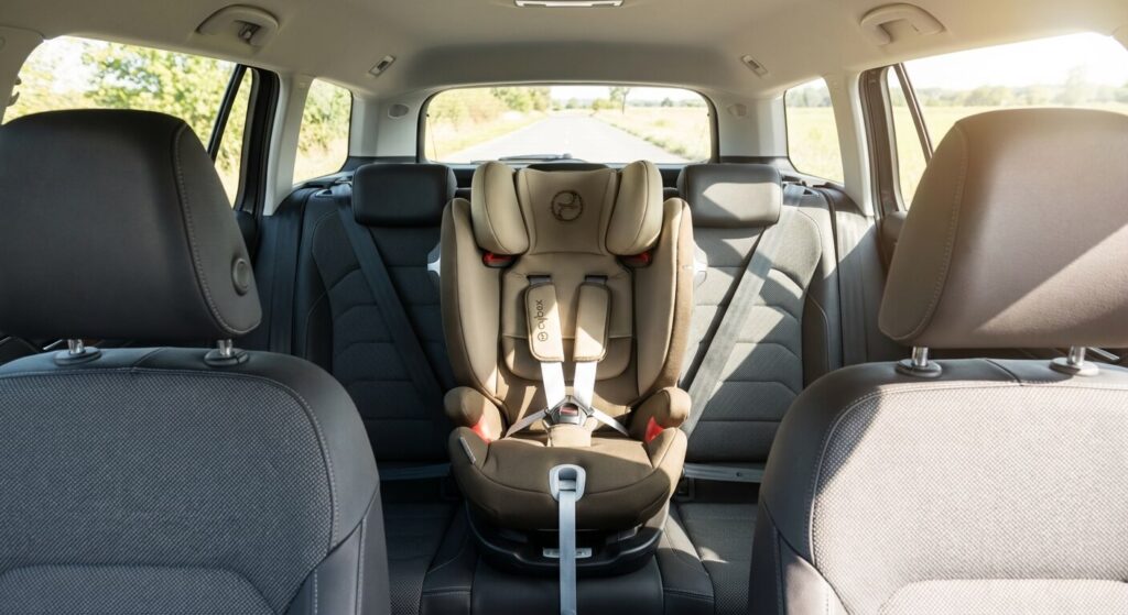 Peut-on mettre un siège auto au milieu à l'arrière ? Sécurité et Législation 2 Un siège auto pour enfant correctement installé à la place centrale de la banquette arrière d'une voiture familiale, offrant une vue dégagée vers l'avant