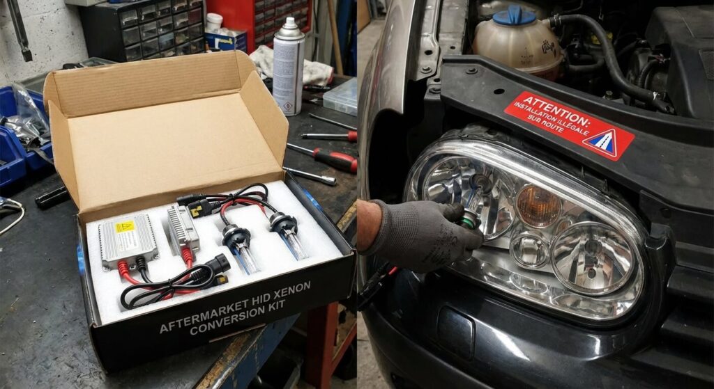 Kit de conversion xénon HID de seconde monte (ballasts et ampoules) dont l'installation sur des phares halogènes d'origine est souvent illégale