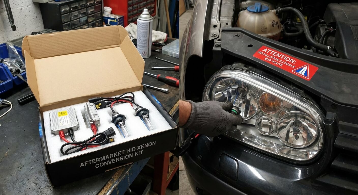 Kit de conversion xénon HID de seconde monte (ballasts et ampoules) dont l'installation sur des phares halogènes d'origine est souvent illégale